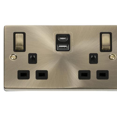 CLICK DECO VPAB586BK 2G 13A DP SW SKT W/USB A&C ANTIQUE BRASS