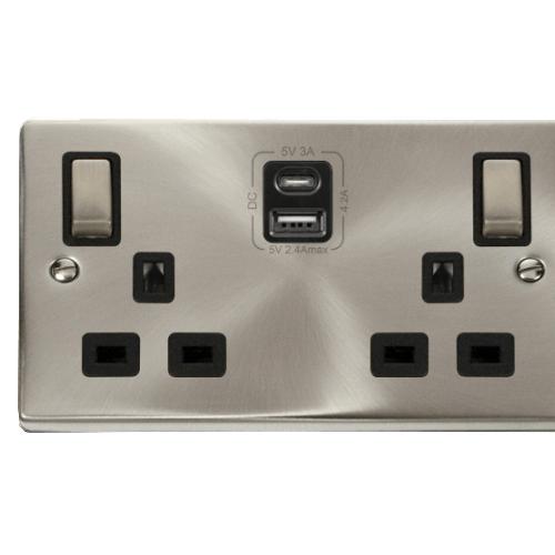 CLICK DECO VPSC586BK 2G 13A DP SW SKT W/USB A&C SATIN CHROME